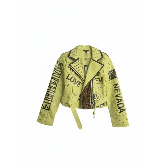 For Her NYC Jackets & Blazers - For Her NYC Pistachio Moto Jacket Lime Green Studded Graphic Leopard Print L NWT